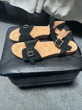 UGG Black Cork Footbed Suede Strap Sandals